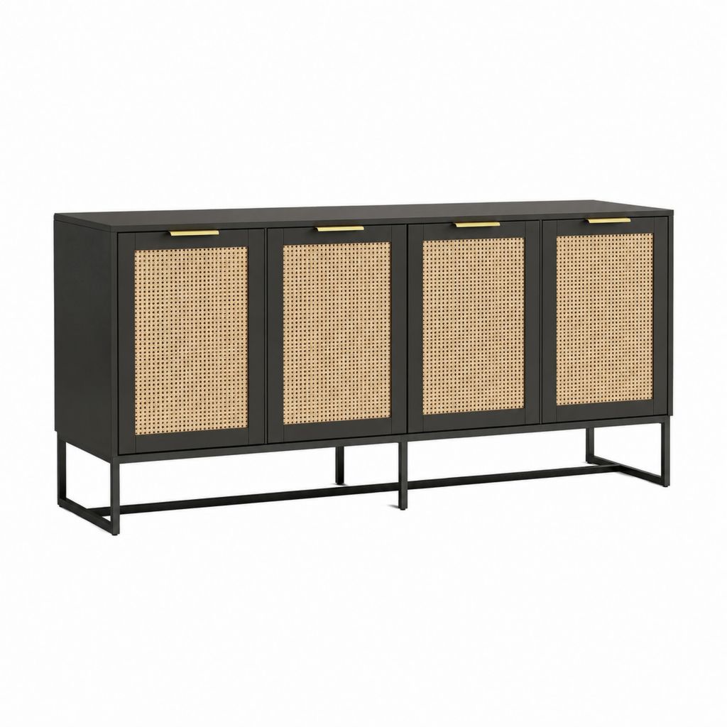 Buffet 4 portes noir en MDF et cannage de rotin 180 x 40 x 80 cm