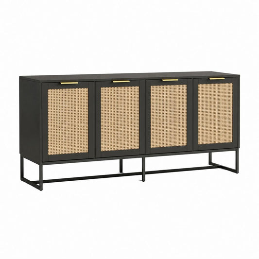 Buffet 4 portes noir en MDF et cannage de rotin 180 x 40 x 80 cm