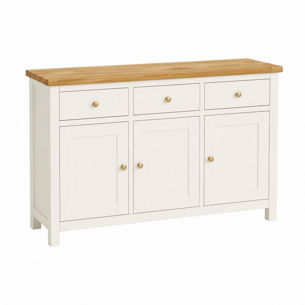 Buffet de salle à manger 3 portes 3 tiroirs blanc et naturel en MDF et hévéa rectangulaire 120 x 40 x 85 cm