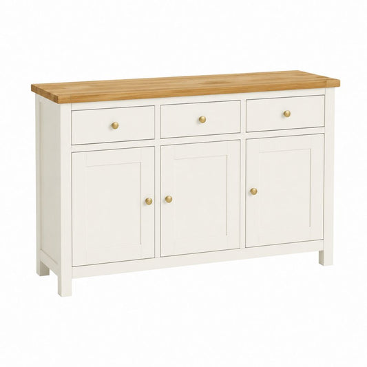 Buffet de salle à manger 3 portes 3 tiroirs blanc et naturel en MDF et hévéa rectangulaire 120 x 40 x 85 cm