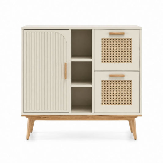 Buffet de rangement beige en MDF et rotin 120 x 40 x 110 cm
