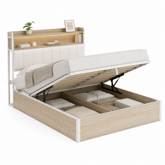 Lit coffre 160 x 200 cm chêne clair et blanc cassé en panneaux de particules avec tête de lit rangement