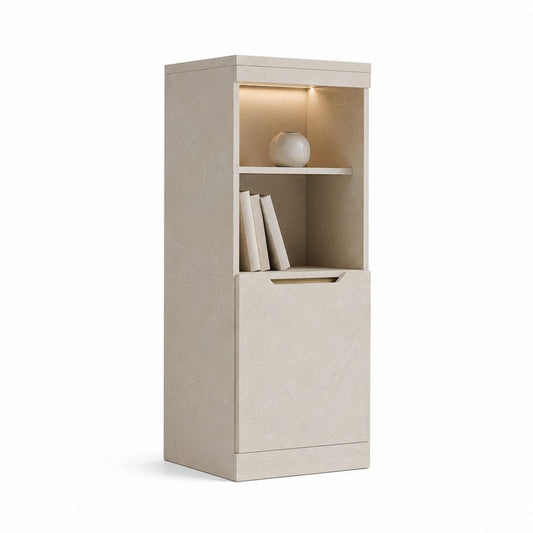Buffet colonne avec étagères éclairées beige en panneaux MDF finition effet pierre 180 x 60 x 40 cm