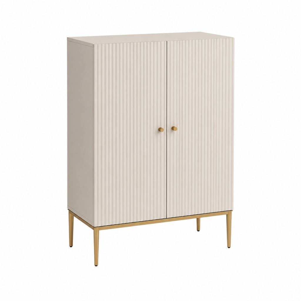 Buffet haut 2 portes beige en panneaux MDF rainurés avec piètement acier 80 x 40 x 140 cm