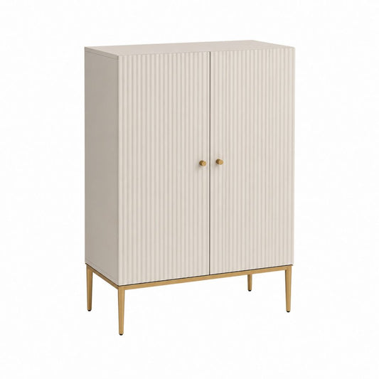 Buffet haut 2 portes beige en panneaux MDF rainurés avec piètement acier 80 x 40 x 140 cm