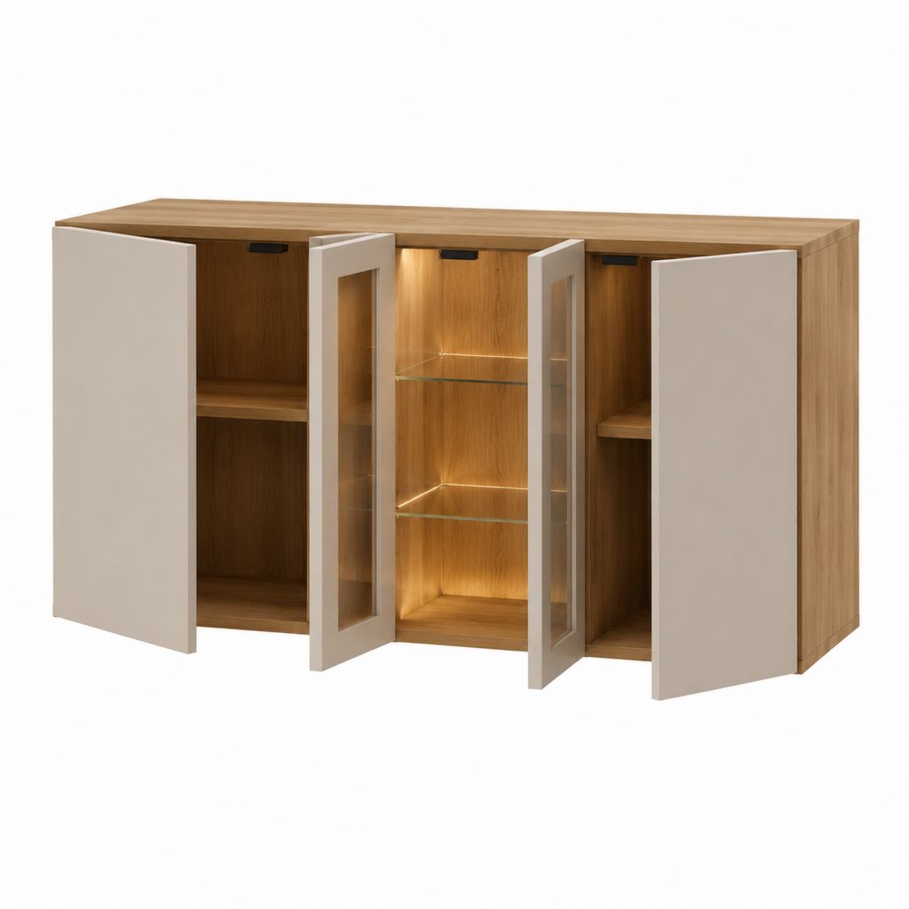 Buffet de salle à manger 4 portes chêne clair et beige avec vitrines LED 160 x 40 x 100 cm