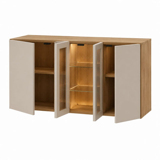 Buffet de salle à manger 4 portes chêne clair et beige avec vitrines LED 160 x 40 x 100 cm