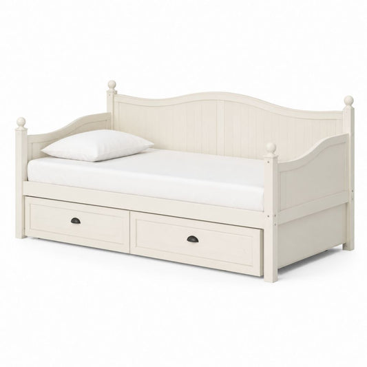Lit banquette 1 place blanc en pin massif et MDF 90 x 200 cm avec 2 tiroirs 209 x 99 x 102 cm