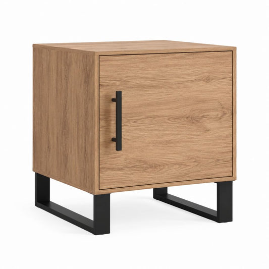 Table de chevet rectangulaire 1 porte décor chêne avec piètement en acier noir 45 x 40 x 55 cm