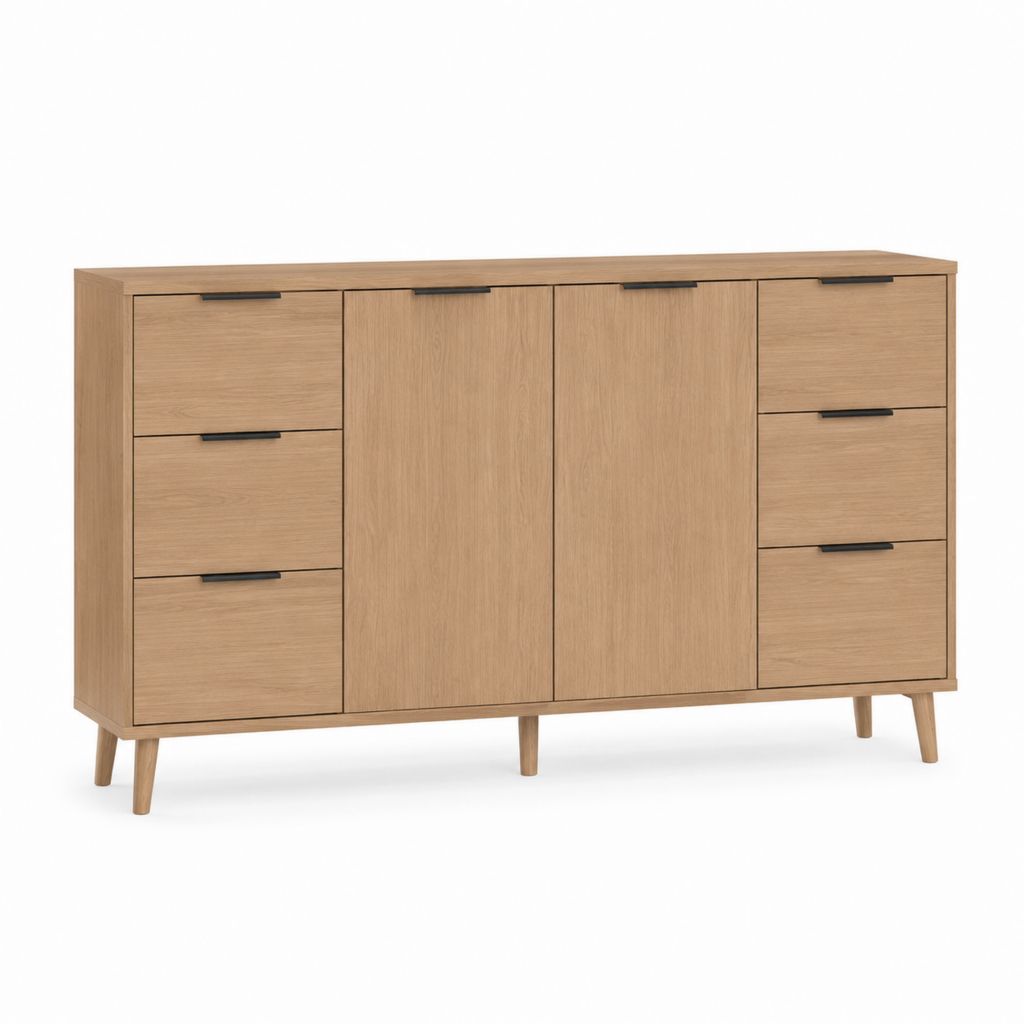 Buffet de salle à manger rectangulaire chêne en panneaux de particules 160 x 40 x 90 cm avec 6 tiroirs et 2 portes