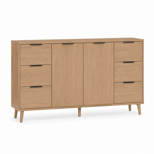 Buffet de salle à manger rectangulaire chêne en panneaux de particules 160 x 40 x 90 cm avec 6 tiroirs et 2 portes