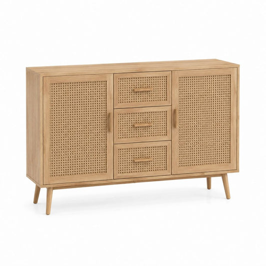 Buffet de salle à manger naturel en bois massif et cannage rectangulaire 120 x 40 x 80 cm avec 2 portes et 3 tiroirs