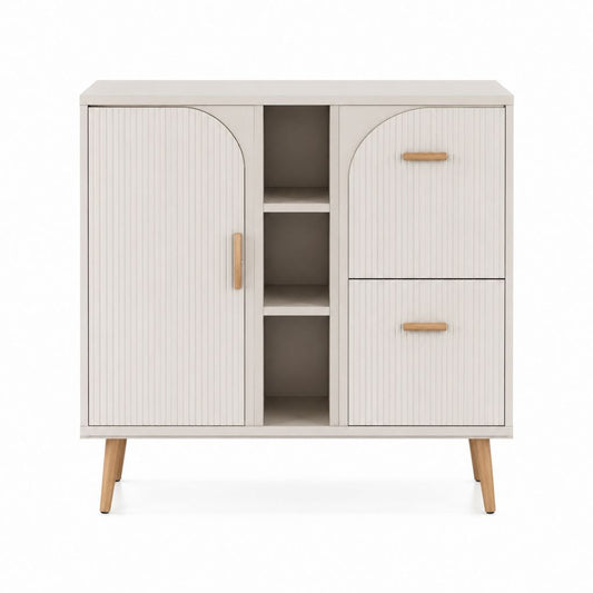 Buffet de salle à manger rectangulaire blanc cassé en MDF 100 x 40 x 120 cm avec 3 portes et niches ouvertes