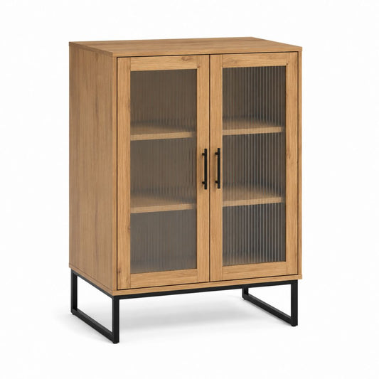 Buffet vitrine 2 portes chêne naturel verre strié fumé acier noir 90 x 40 x 120 cm