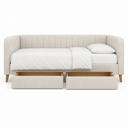 Canapé-lit 1 place beige en polyester avec 2 tiroirs 90 x 200 cm
