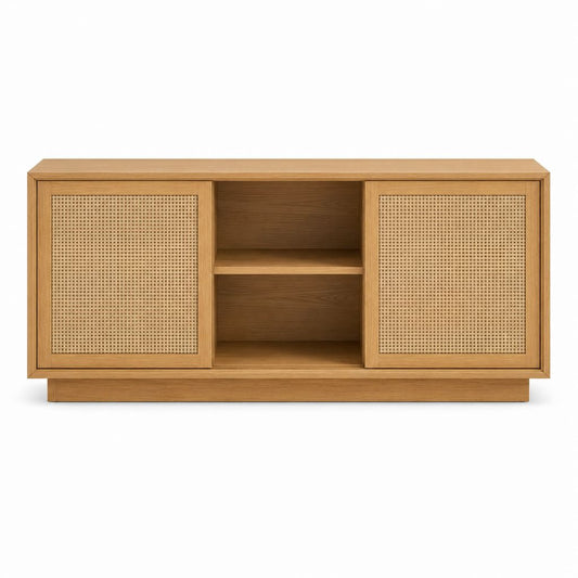 Buffet bas de salle à manger chêne et rotin naturel rectangulaire 160 x 40 x 75 cm