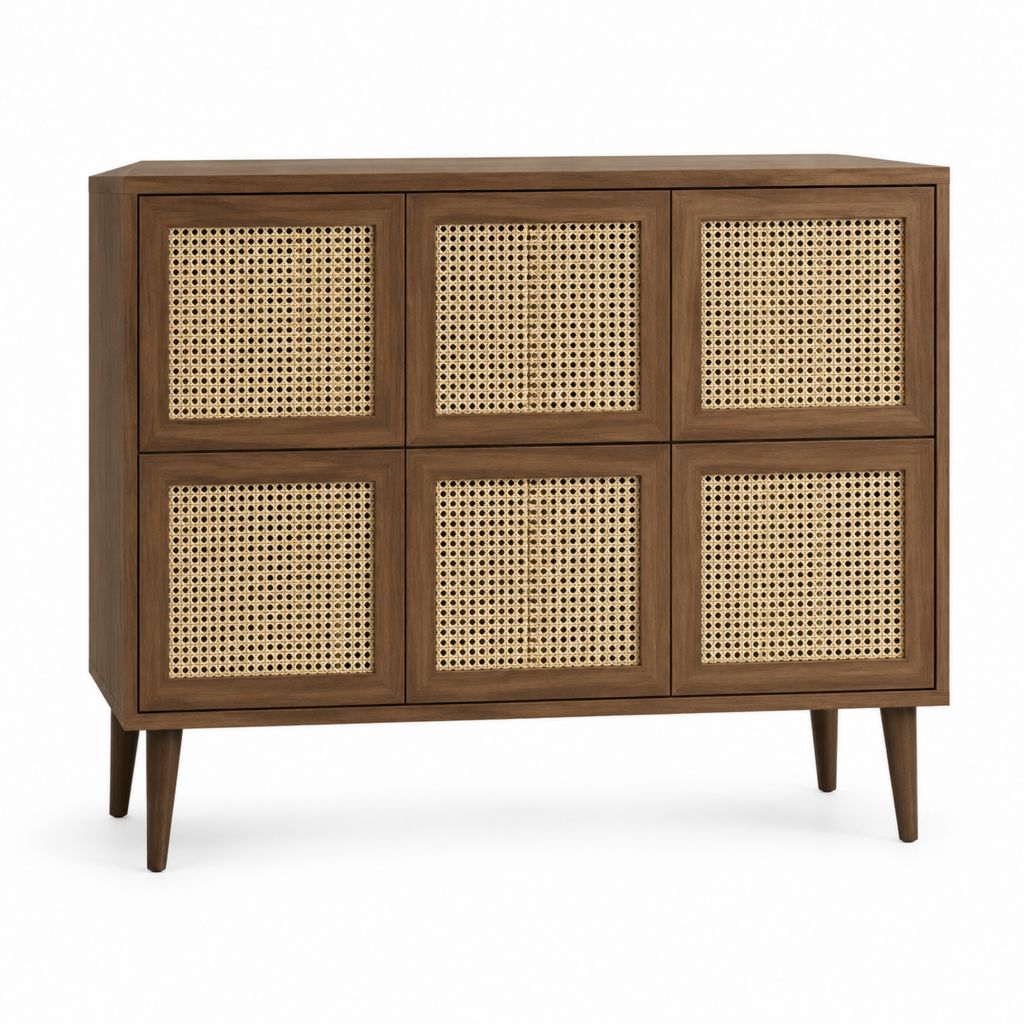 Buffet 6 portes brun en bois massif et rotin naturel rectangulaire 120 x 40 x 100 cm