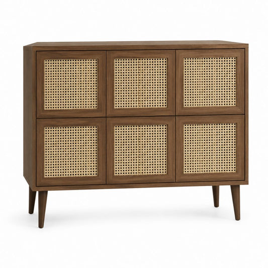 Buffet 6 portes brun en bois massif et rotin naturel rectangulaire 120 x 40 x 100 cm