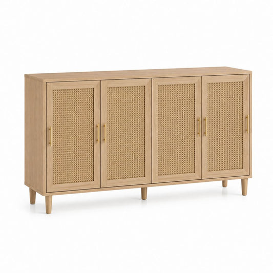 Buffet de salle à manger 4 portes chêne clair MDF plaqué chêne cannage rotin rectangulaire 160 x 40 x 85 cm