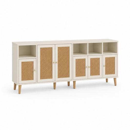 Buffet de salle à manger blanc cassé en MDF et rotin 180 x 40 x 90 cm