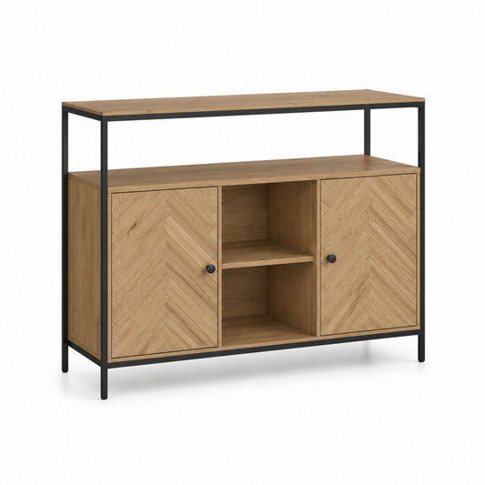 Buffet haut 2 portes chêne naturel MDF plaqué chêne acier noir 120 x 40 x 120 cm